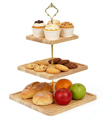Wooden Afternoon Tea Stands, 3 Tier Cake Stands with Elegant Edges-Square | Solid Wood Cupcake Dessert Food Display Stands for Party