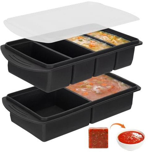 Moules de congélation en silicone avec couvercle, lot 2 et 4 compartiments – bac gradué 125–500 ml pour soupe, sauces et meal prep, sans BPA, empilable (noir)