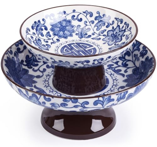 Ferrochef 2 Pcs Blue and White Ceramic Fruit Bowl Set Small Berry Basket | Pedestal Decorative Bowls Chinoiserie Floral Footed Fruits Serving Dishes for Kitchen Counter Table Centerpiece Home