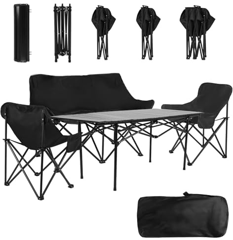 Canapé de Camping 2 Places, Set 4 Pièces avec Table et Fauteuils Pliables | Assises larges 56cm, Cadre acier carbone, Charge max 200kg, Sac de transport inclus, Poche latérale pratique
