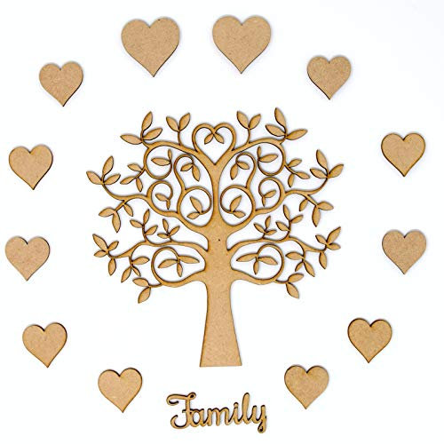 MDF, kit per albero genealogico, con albero, cuori e la parola in inglese “Family”. Crea il tuo albero genealogico personale., 17.5cm
