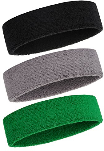 ONUPGO Schweißband Stirnband für Männer & Frauen - 3PCS Sports Stirnbänder Feuchtigkeitstransport Athletic Cotton Terry Cloth Schweißband Schweißabsorbierende Kopfband (Black/Grey/Green)
