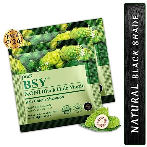 BSY Noni Black Hair Magic Haarfärbe-Shampoo (12mlx24 Sachets) | Ammoniakfreie Haarfarbe für Männer und Frauen | Natürliche schwarze permanente Haarfarbe | Noni-Frucht-Haarfärbung | 5 Minuten Haarfarbe