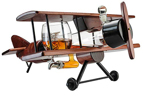 Flugzeug Karaffe Whiskey-Dekanter-Set und Gläser, antikes Holz-Flugzeug – Dekanter Geschenkset und 2 Flugzeuggläser, Pilotengeschenk beweglichen Teilen, alkoholbezogenes Geschenk, groß, 53.3 cm