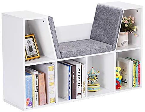 COSTWAY 6-Cube Kids Bookcase, Wooden Display Shelving Unit Organizer with Cushioned Reading Nook, Multi-Functional Storage Shelf Cabinet (White)