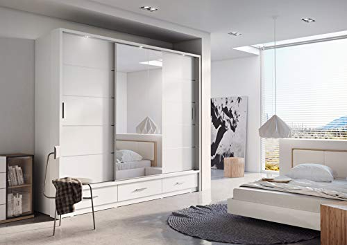 Schwebetürenschrank Kleiderschrank Schiebetürenschrank AR-01 ARTI Garderobenschrank mit Spiegel 3 Schubladen und Beleuchtung (Weiß Matt)