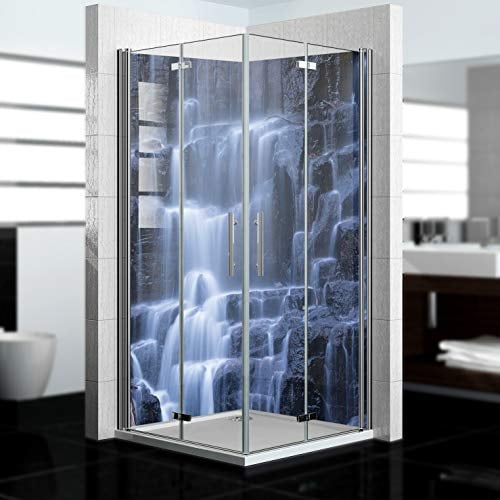 dedeco Eck-Duschrückwand wasserfest Motiv: Wasserfall V17, UV-Lack matt, 2 x 90x200 cm, Badrückwand, Fliesenersatz fugenlos Wandverkleidung Duschplatte Duschrückwände aus Aluminium, Made in Germany