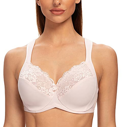 MELENECA Femme Soutien-Gorge Grande Taille Minimiseur Dentelle Couverture complète Sangle Coussin avec Armatures Rose Clair 115I