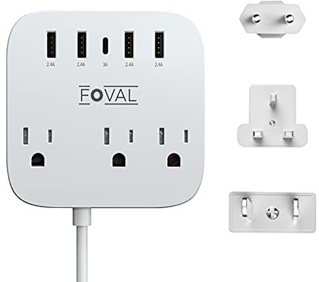 Adaptateur de prise de voyage européen, FOVAL EU/UK/US Bande d'alimentation avec USB C et 4 ports USB, 3 sorties CA, montage mural, cordon d'extension de 5 m, compact pour les voyages, la croisière
