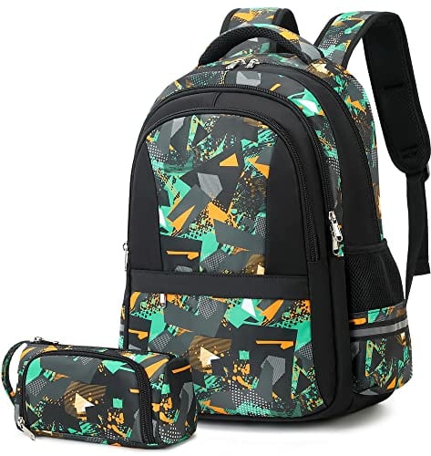 Jungen Schultasche Teenager Schulrucksack Jugendliche Rucksack Schule Daypacks Kinder Groß Schulranzen Wasserdicht (Grün 2PCS)