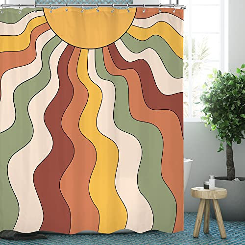 Omifly Rideau de douche en tissu imperméable avec 12 crochets, décoration groovy vintage des années 70 avec motifs abstraits de vagues, soleil et arc-en-ciel, funky, moderne, coloré, 152,4 x 183 cm