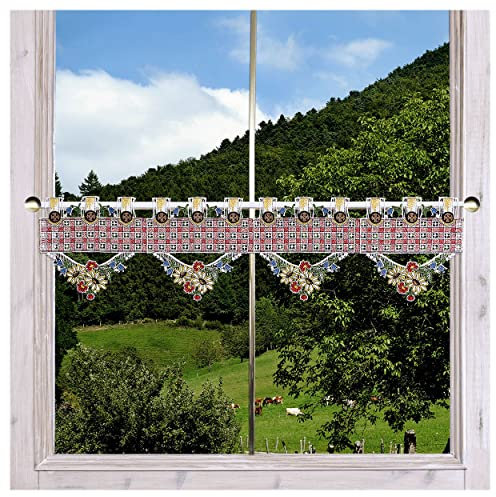 Feenhaus-Scheibengardine Küchengardine Johanna rot Echte Vogtländische Spitze | Mini-Feenhausgardine mit freundlichem Karo-Muster, Blüten und stilisierten Knöpfen Höhe x Breite 18 x 74 cm