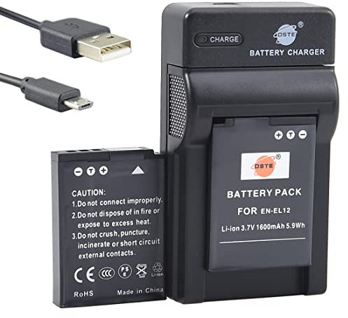 DSTE EN-EL12 Batterie Li-ION (2 pièces) et Chargeur Micro USB Compatible avec Nikon Coolpix P300 P310 P330 P340 S31 S70 S610 S620 S630 S640 S800c