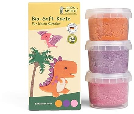 GRÜNSPECHT Bio-Soft-Knete, 3 Farben aus natürlichen Rohstoffen, Lebensmittelqualität, weich, mischbar, orange, lila, pink (680-V1)