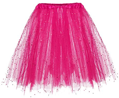 Damen Tüllrock 50er Rockabilly Petticoat Tutu Unterrock 3-Lagiger elastischen Rock Kurz Ballett Tanzkleid Ballkleid Abendkleid Karneval Kostüm Damen Tutu Rock Minirock (b-Hot Pink, Taille 50-110cm)