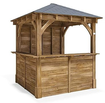 Dunster House Garden Bar 2.5 x 2.5m Premium Wooden Outdoor Pub Shed with Gazebo Roof, Kiosk-Style Counter and Black Roof Shingles, Ideal for Garden Hosting & Entertaining – Leviathan L Shape