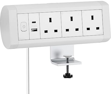 Desk Power Extension with USB, Aluminium Alloy Desk Power Strip with 3 UK Plug USB A and USB C,Desk Extension Lead with Control Switch,Clamp Mounted Power Socket Connect 3M Extension for home office
