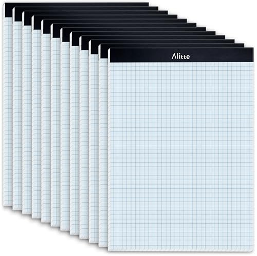 Alitte Graph Paper Pad, Pack of 12, White Letter Size - 4x4 Quad Grid Paper, Easy-Tear Perforations, 8.5 x 11 Cardboard Backing - Graph Notepads for School, Office -50 Sheets per Pad