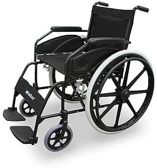 WELLCORE Faltbarer und selbstfahrender Rollstuhl, Aluminium, leicht, kompakt, hohe Festigkeit, massive Räder, Handbremsen, gepolsterte Armlehnen, klappbare Fußstütze