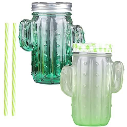 SEWACC 2 Ensembles Tasse À Bec Tasse À Thé De Voyage Gobelet En Verre Avec Couvercle Paille De Voyage Tasses En Verre Avec Paille Tasses Forme Cactus Transparente