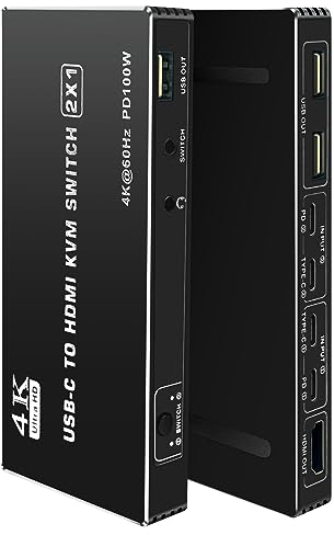 BolAAzuL USB C to HDMI KVM Switch 4K 60Hz, Type-C KVM Switch HDMI 2X1 for 2 Computers Share 1 HDMI Monitor, 1 Set of Mouse&Keyboard - 2 USB Video Cables Included