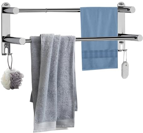 DMSELL Edelstahl Ausziehbar Badetuchhalter, 41-75cm Wandmontage Doppelter Handtuchhalter mit Haken, Badetuchhalter zum Bohren für Badezimmer Küche