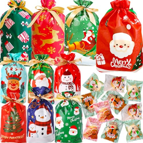 50pcs Christmas Drawstring Gift Wrap Bags Set Drawstring Xmas Wrapping Bag Xmas Gift Wrap Bag Small Medium Assorted 10 Designs 3 Sizes & About 50pcs Heat Sealable Christmas Bags