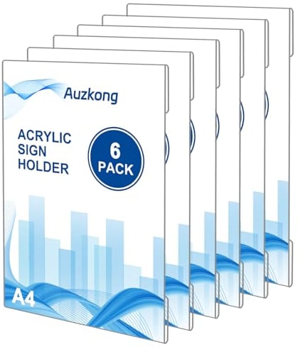 A4 Clear Acrylic Sign Holders with Adhesive Tape, Perspex Wall Poster Display, No Drilling Adhesive Wall Signs, Office, Store, Restaurant (A4-6 Pcs)