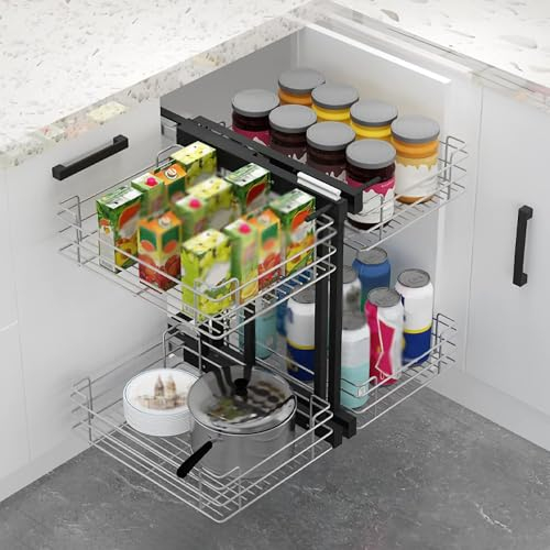 Organizador extraíble de esquina ciega con 4 cestas de almacenamiento de acero inoxidable cromado, organiza latas, ollas, sartenes, para zurdos y diestros