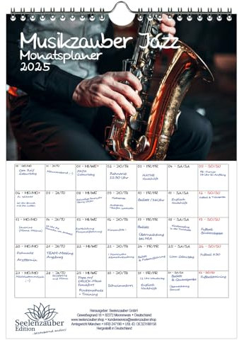 Musikzauber Jazz Planer DIN A4 Kalender für 2025 Jazz und Instrumente - Seelenzauber