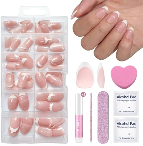 DMQ French Press On Nails, 120Pcs Short Ellipses False Nails Short, French Tip Nude Color Stick on Nails with Glue, Almond Nude Soft Gel Nail Tips for Women Girls Nail Art Decorations