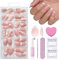 DMQ French Press On Nails, 120Pcs Short Ellipses False Nails Short, French Tip Nude Color Stick on Nails with Glue, Almond Nude Soft Gel Nail Tips for Women Girls Nail Art Decorations
