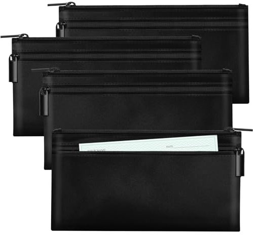 HAUTOCO 4 Stück Geldtaschen Banktasche, PU-Leder Geldtasche mit Reißverschluss für A5 Dokumententasche Geldscheintasche, Banktasche Geldmappe 28 x 15.5 cm für Geschäftlich Haushalt, Schwarz
