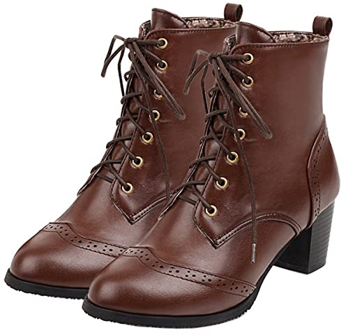 Betastella Women's Wingtip Lace Up Booties Chunky Heel Ankle Boots, Size 8, Brown