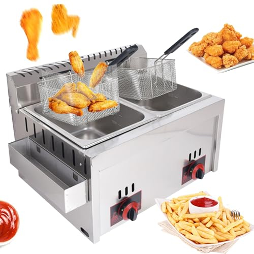 Friteuse à Gaz Commerciale Professionnelle, Friteuse LPG en Acier Inoxydable, Puissance de feu Réglable, Friteuse Double Grande Capacité 20L, avec Paniers et Couvercle, Nettoyage Facile