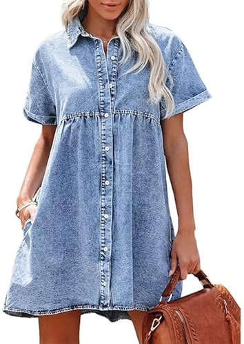 Placitiume Damen Babydoll Jeanskleid Kurzarm Knopfleiste Jeanshemd Kleid mit Stufen
