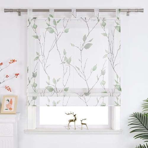 Joyswahl Raffrollo mit Schlaufen Landhausstil Raffgardinen Grün 120x140 | Schlaufenrollo Wohnzimmer, Transparent, Blatt- und Blumenmuster, 1er Pack, Fenster Vorhänge Leinenoptik, Fensterrollo innen