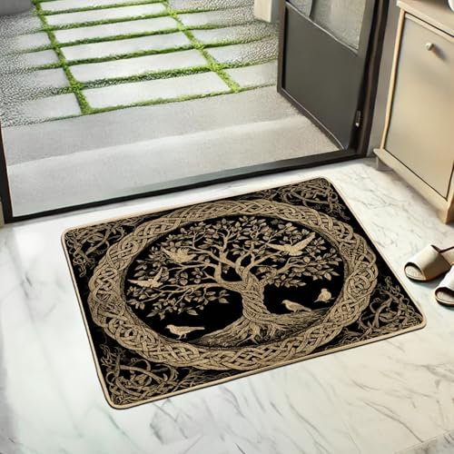Celtic Tree of Life Doormat, Black & Gold Decorative Door Mat for Indoor & Outdoor Entryway, Home & Garden Decor, Non-Slip Waterproof Floor Mat, Easy Care 29x17 Inch