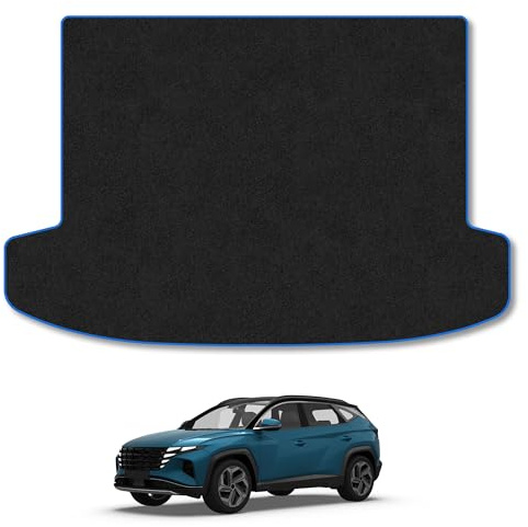 Fits Hyundai Tucson (2021+) [Hybrid] Carpet Boot Mat | Blue Edge Trim Tailored Fit Boot Liner Full Coverage Protection Accessories Easy Clean Anti Slip Made in the UK