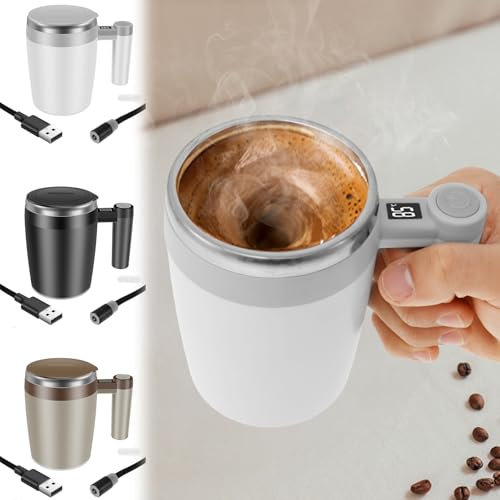 Selbstrührende Kaffeetasse 400ml, Selbstrührende Tasse Temperaturanzeige mit Deckel Tragegriff, Stirring Mug mit USB für Kaffee, Milch Rührbare Getränke (Weiß)