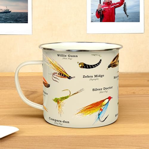 Gift Republic Fly Fishing Enamel Mug, Outdoor Camping Cup, 500 ml Metal Coffee Cup, Angling Fishing Enthusiast Gift Idea Lure Design