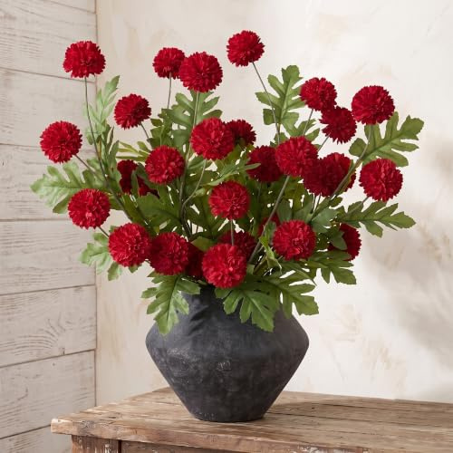 Briful 12pcs Fall Artificial Kiku Mums Flowers, Red Faux Chrysanthemums | With Long Stems, Realistic Mini Pompom Flowers Bouquet for Autumn Home Décor Indoor, Wedding Centerpieces, Vase Filler