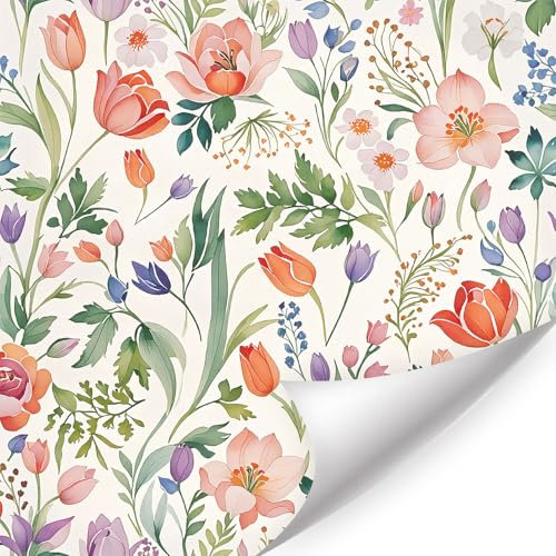 HPNIUB Watercolor Pink Floral Wallpaper, Peel and Stick Self-Adhesive Wall Stickers,Colorful Botanical Flower Wallpaper for Bathroom Bedroom Living Room Nursery Boho Home Decor(44 * 300cm)