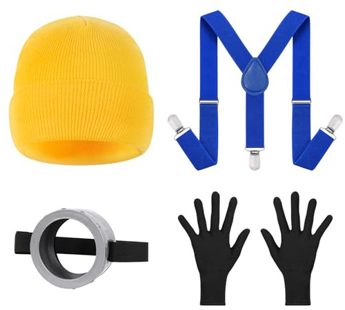 DiULi Kit Accessoires Déguisement Enfant Complet,Accessoires Jaunes Style Cartoon avec Lunettes Steampunk Double Œil,Casquette Jaune, Gants & Bretelles - Costume Fête Anniversaire/Halloween 4-12 Ans