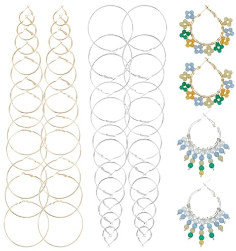 WADORN 24 Paar 12 Größen Silber Und Gold Creolen Für Damen, 2 Farben Legierung Perlen Runde Ohrringe Leichte 20-75mm Offene Perlen Hoop Set Für DIY Handwerk Schmuck Machen