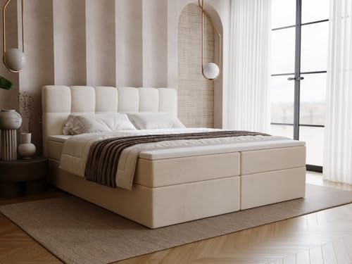 GRAINGOLD Maison Bett 160x200, Boxspringbett mit Bettkasten, Polsterbett mit Bonell-Matratze, Samt Stoff, mit Topper, mit Kopfteil (Beige, 160x200)