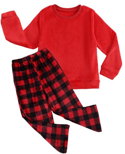 Miyanuby Ensemble pyjama d'hiver en flanelle polaire pour fille et garçon, haut à col rond et pantalon à carreaux 2 pièces