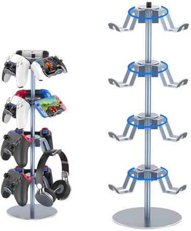 DGPCT 4 Tiers 360 Degree Rotatable Game Controller Stand for PS5 Xbox Nintendo Switch PS4, Aluminum Alloy Headset Controller Holder for Desk, Universal Gaming Headphone Stand Organizer Rack, Grey