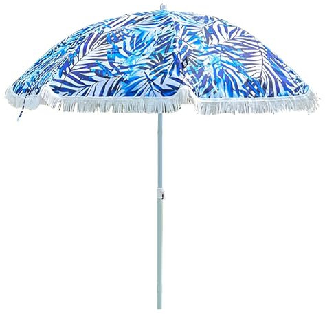 Générique 160 cm Parasol Extérieur Bohème avec Franges, Imprimé Bleu Parasol de Jardin avec Mât Inclinable en Acier, Parasol de Plage Portable UPF50+ pour Terrasse