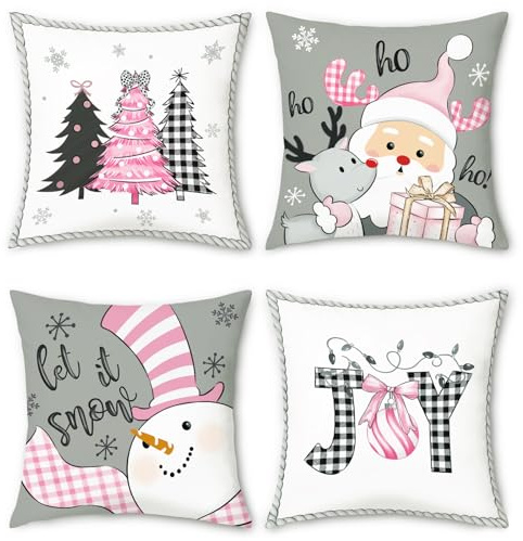 COZZSNUGE Weihnachten Kissenbezüge 45 x 45 cm, Grau Rosa Schneemänner Weihnachtsmann Hirsch Samtig Dekorative Kissenhülle Zierkissenbezüge für Sofa Wohnzimmer Zuhause 4er Set